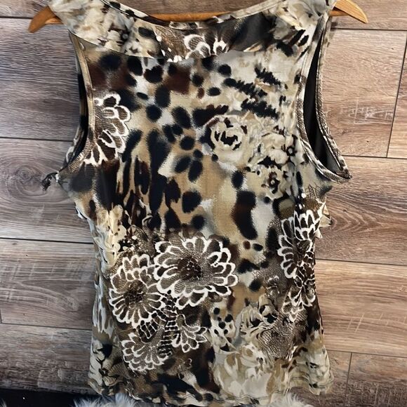 New Direction Ladies Leopard & Floral Ruffled Layerd Top Brown & Black - Picture 4 of 4